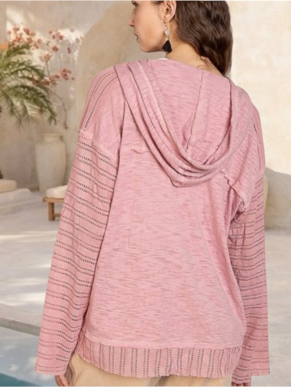 POL Mauve Pink Lightweight Knit Hoodie Boho Beach Cover Up Resort Top - Picture 3 of 5